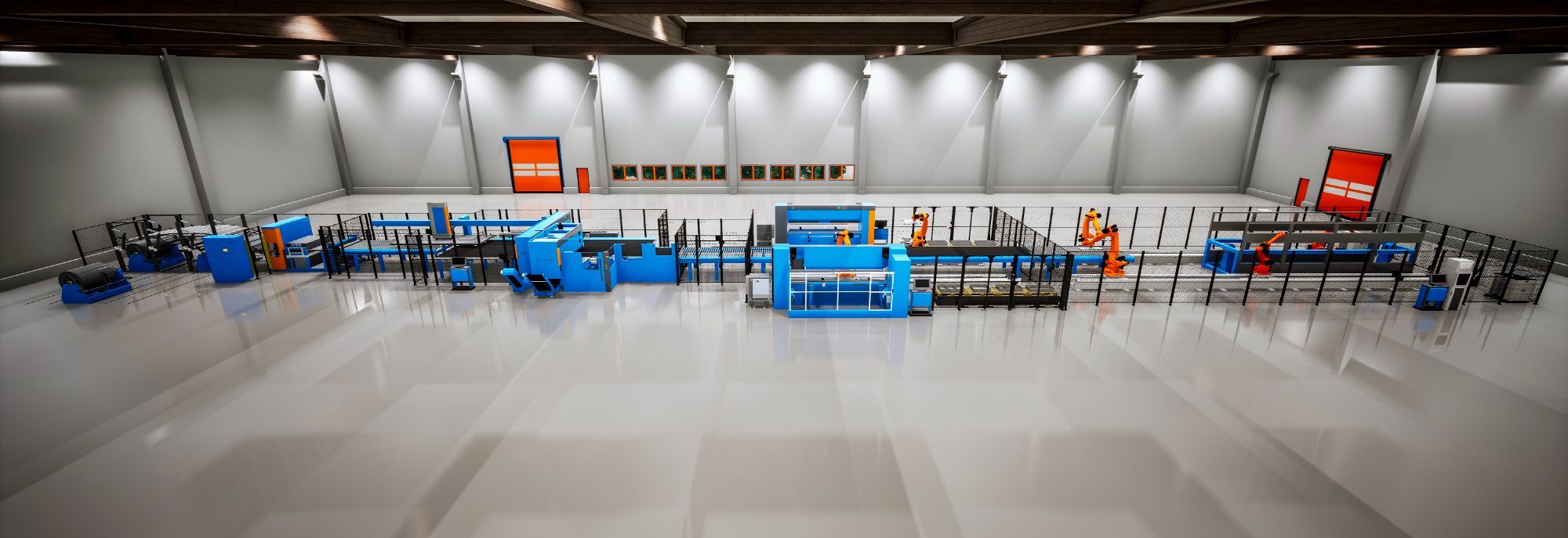 Rendered USBS factory: the full production line from coil handling to robotic welding cells in one hall
